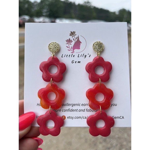 Handmade  Green Polymer Clay   Earrings Red Flower - Picture 1 of 10